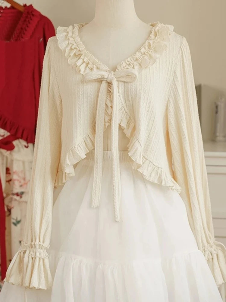 Cárdigan Kawaii Lolita para mujer, Tops cortos japoneses con volantes y cuello de pico, abrigo tejido de manga larga con lazo bonito informal para mujer, novedad de primavera