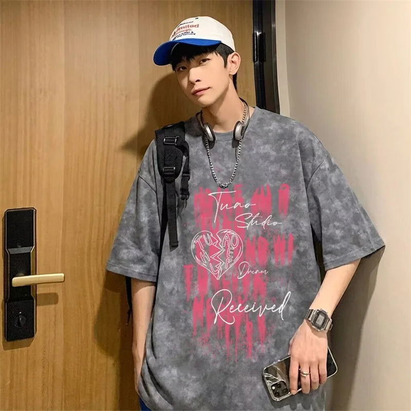 Camisetas de Verano 2026 para Hombre con Estampado Tie-Dye y Gráficos de Graffiti, Camisetas Oversize Juveniles con Estampado de Letras, Tops de Moda Urbana con Contraste de Color