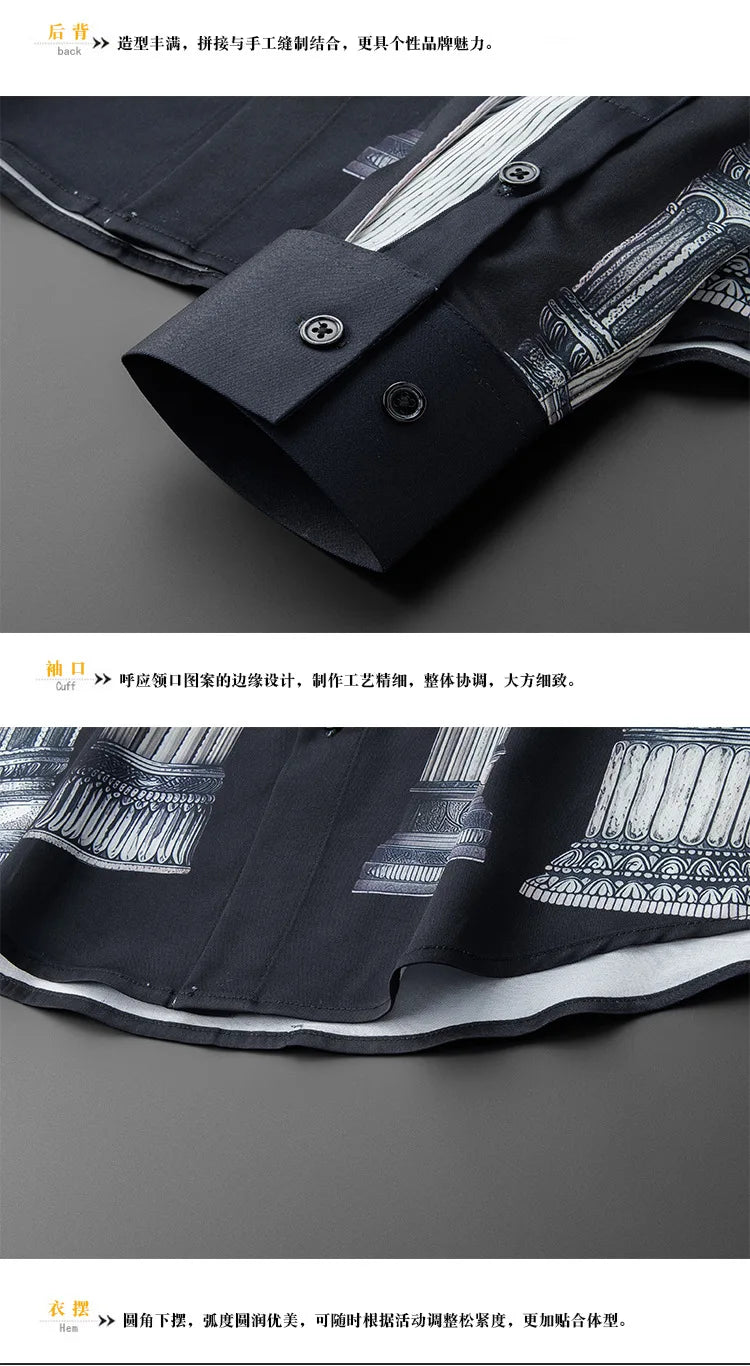 Camisa de manga larga con estampado de columna romana de estilo americano y europeo para hombre, camisas de vestir formales de negocios informales ajustadas, ropa para hombre