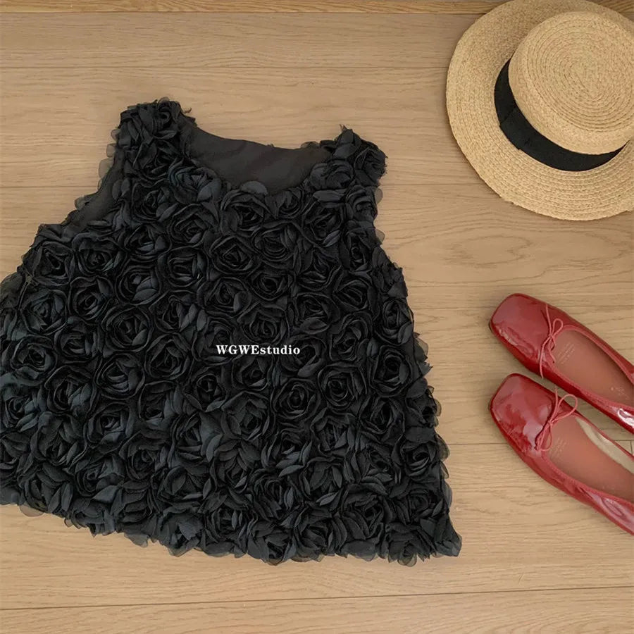 Chaleco sin mangas de estilo coreano con rosas para mujer, chaleco informal liso y dulce para vacaciones, Tops elegantes con cuello redondo a la moda para verano, novedad