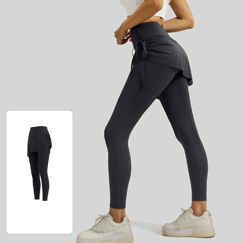 BIVIGAOS-mallas de Yoga plisadas con cordón para mujer, falda, pantalones falsos de dos piezas, mallas deportivas elásticas de cintura alta para primavera