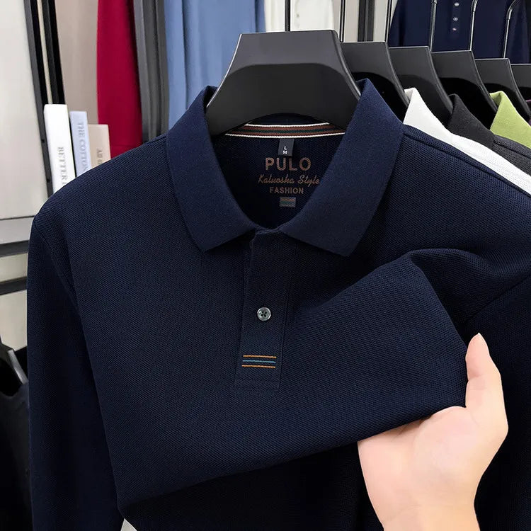 Polo de manga larga de otoño 2025 para hombre, 100% algodón transpirable, estilo informal de negocios con cuello de algodón clásico