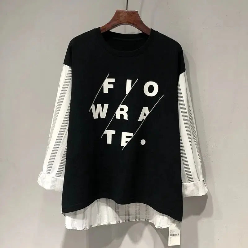Sudadera de manga larga con estampado de letras para mujer, ropa de calle de gran tamaño, retales a rayas, Tops irregulares Y2K, moda coreana
