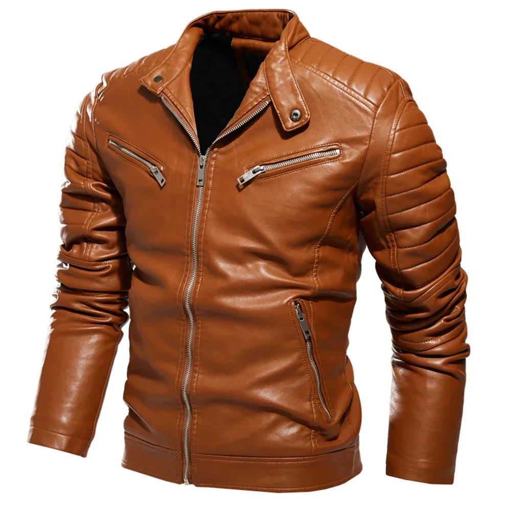 Chaqueta de cuero negro de invierno 2025 para hombre, chaqueta cálida con forro de piel para motocicleta, abrigo de motociclista negro ajustado a la moda urbana, diseño plisado con cremallera