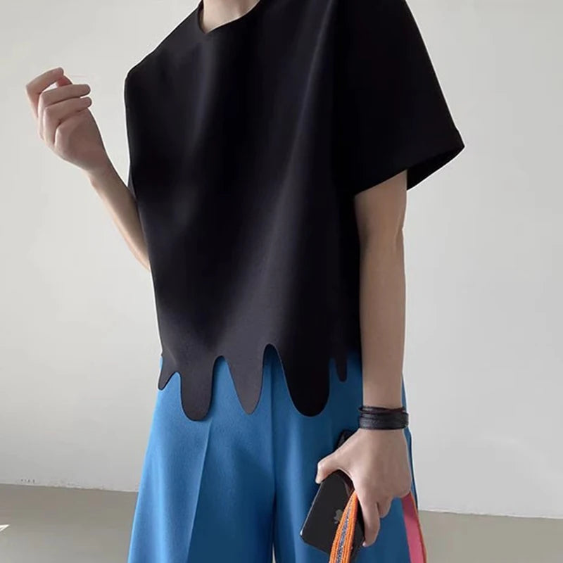 Camisetas de verano de moda coreana, camiseta informal de manga corta con cuello redondo y patrón de onda Irregular, camisetas simples