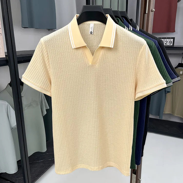 Nueva Camiseta Polo de Verano para Hombre | Cuello en V con Rayas | Camiseta de Manga Corta, Transpirable y Ajustada