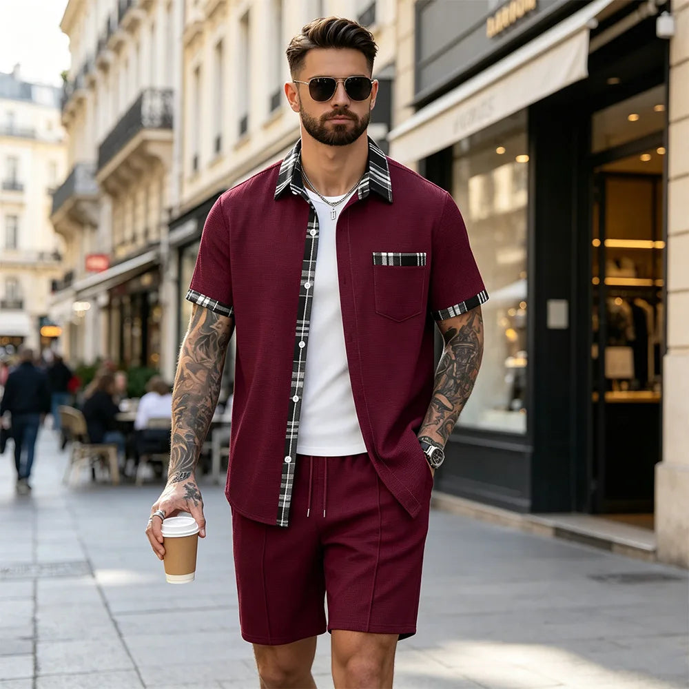 Nuevo conjunto de verano Waffle, camisa y pantalones cortos a cuadros para hombre, conjunto informal de dos piezas F156D