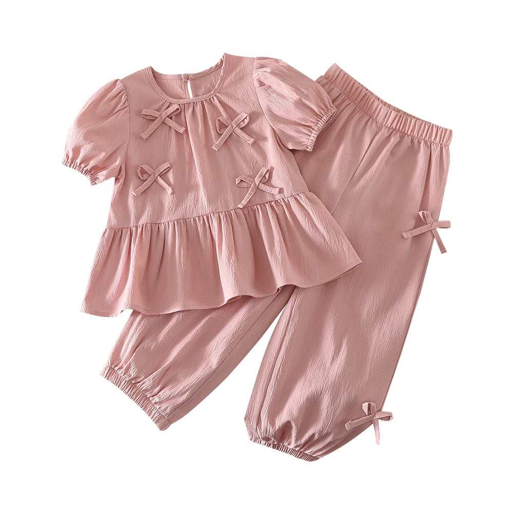 Conjunto de Dos Piezas de Verano para Niña de 3 a 7 Años, Estilo Coreano, Dulce y Lindo, Blusa con Mangas Abullonadas y Lazo + Pantalones