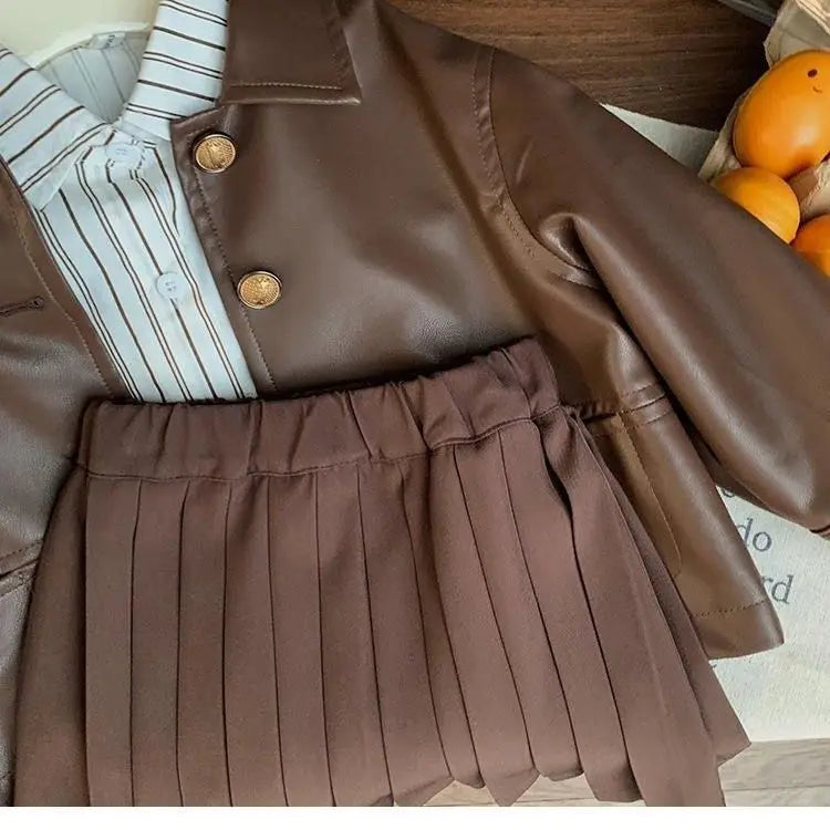 Conjunto de tres piezas para niña, abrigo a la moda, camisa elegante, Falda corta, novedad de otoño, 2024