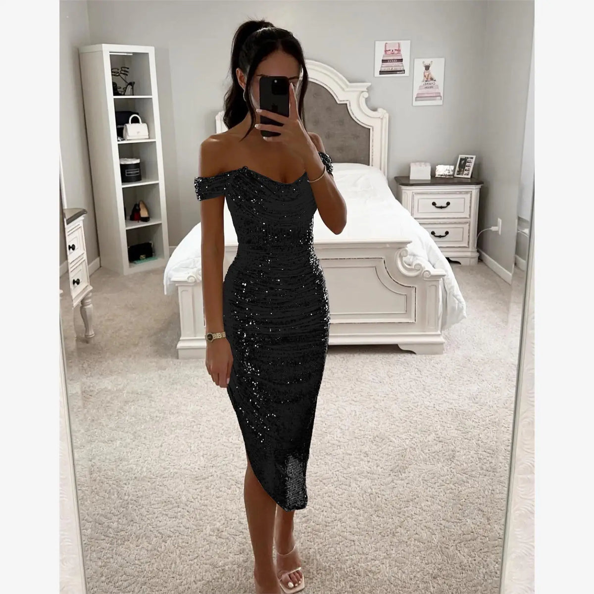 Vestido de fiesta de lentejuelas brillantes con un solo hombro y cremallera, vestido de noche de cintura media con falda larg...