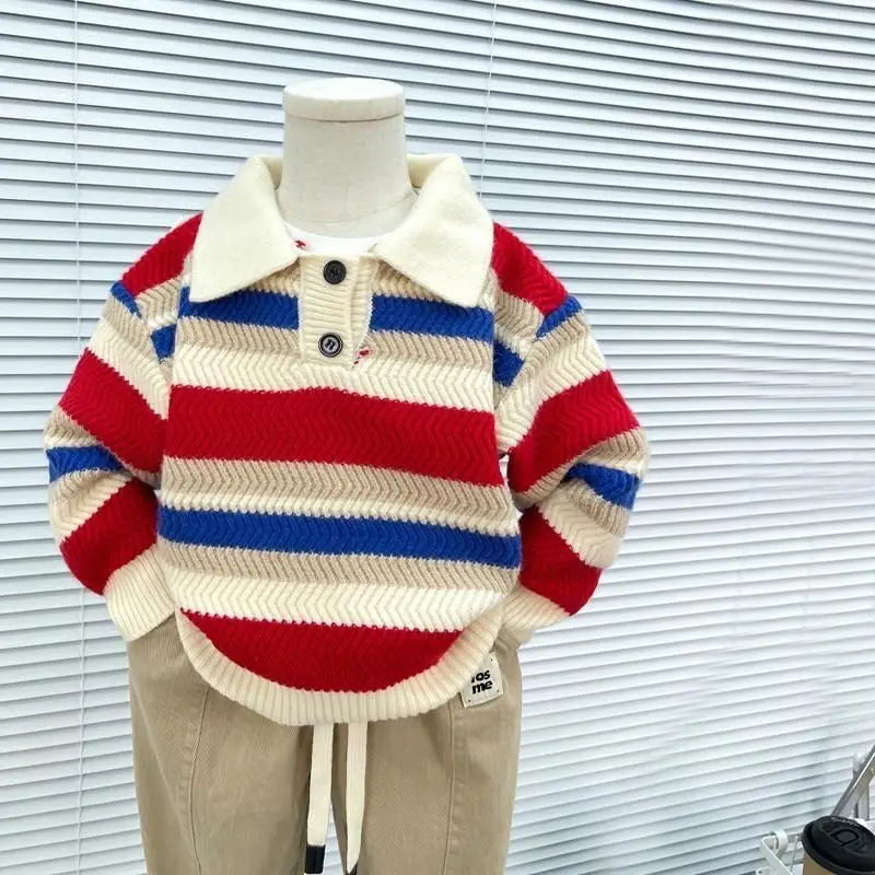 Nuevo suéter para niños, suéter de punto a rayas gruesas, jersey de otoño e invierno para niños, Top informal para niños, abrigo con cuello POLO para bebés y niños pequeños