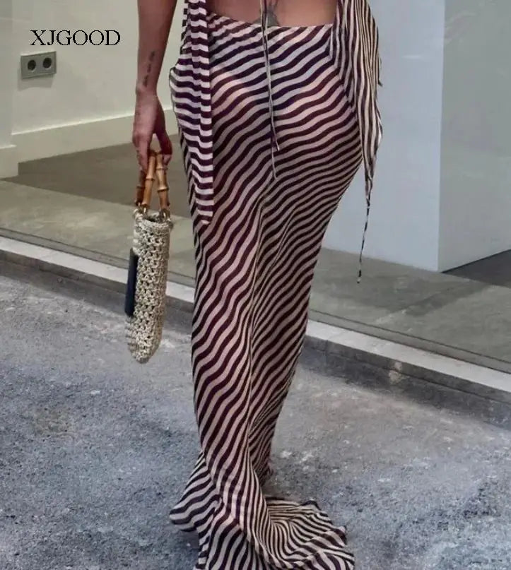 Falda larga holgada a rayas para mujer, elegante y versátil, diseño de cintura media, colección de otoño, falda larga de otro...