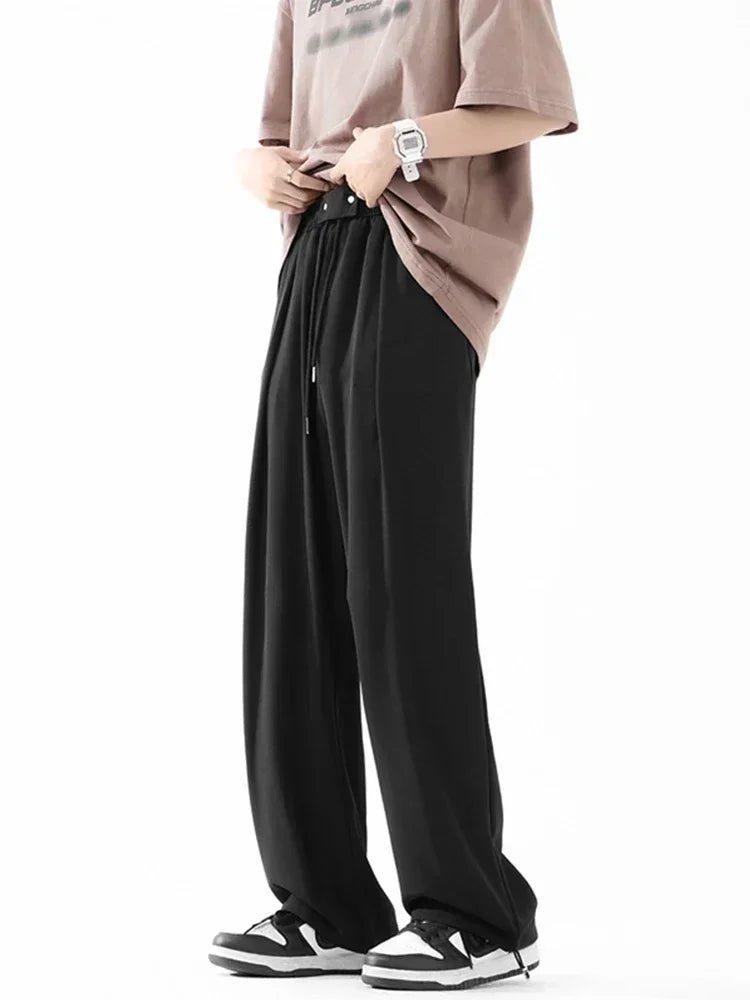 Pantalones bombachos holgados rectos lisos de verano para hombre, pantalones de chándal drapeados deportivos informales, pantalones de pierna ancha con cordón, novedad de 2025