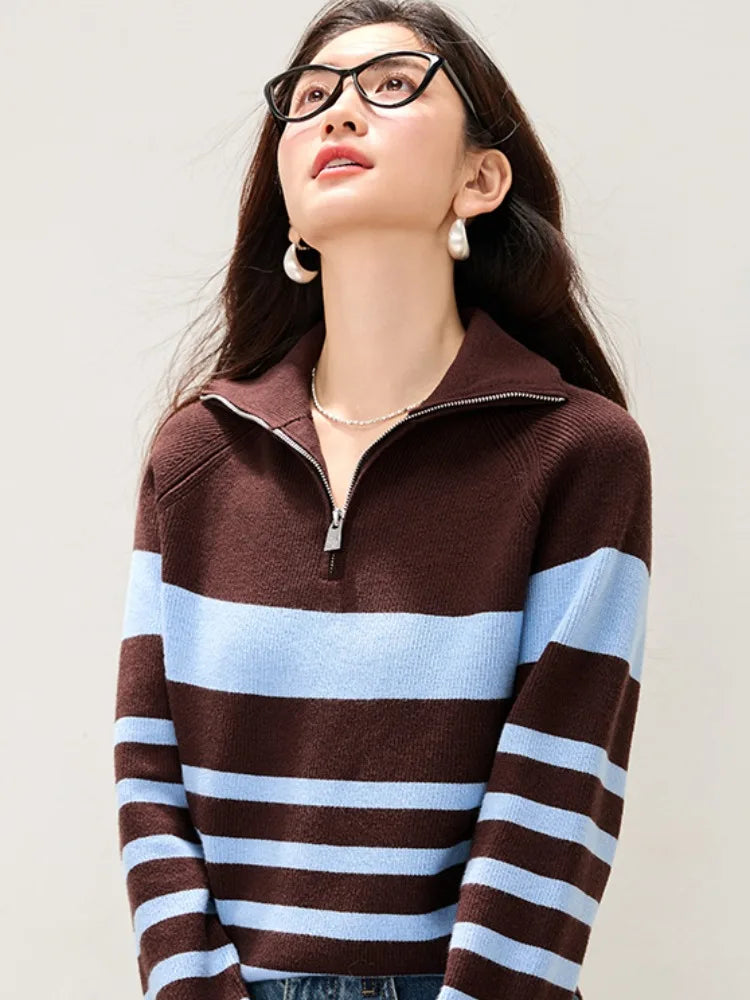 Suéter de punto suave y cómodo para mujer, con cuello de media cremallera, para otoño e invierno, de ajuste holgado, manga la...