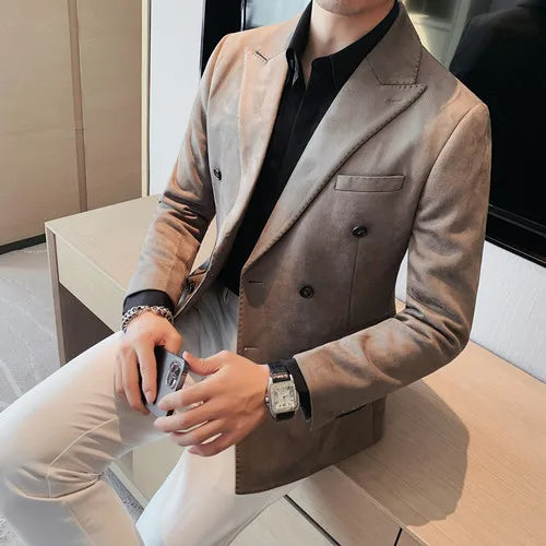 Chaqueta de ante con botones de doble botonadura para hombre, traje de negocios informal, ropa de calle Social, otoño e invierno, 2023