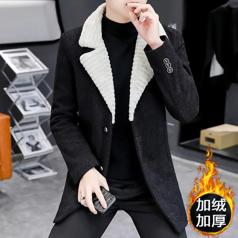 Chaquetas de lana de invierno coreanas para hombres, chaqueta de mezcla de lana gruesa de felpa con solapa, gabardina larga informal de negocios, abrigo de calle