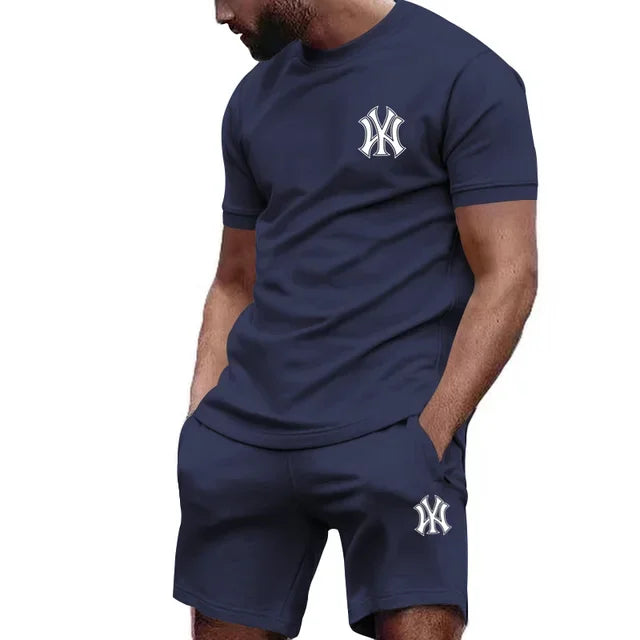 Nueva ropa deportiva de dos piezas para hombre, conjunto de camiseta y pantalones de manga corta, ropa deportiva para correr y fitness, superventas, 2025, verano