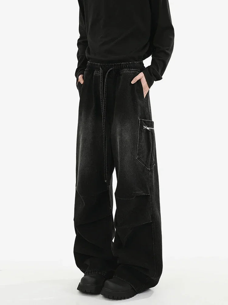 Pantalones vaqueros Cargo plisados de calle alta de otoño para Hombre, Pantalones vaqueros rectos de pierna ancha con bolsillo, moda Hip Hop Y2K, Vaqueros holgados