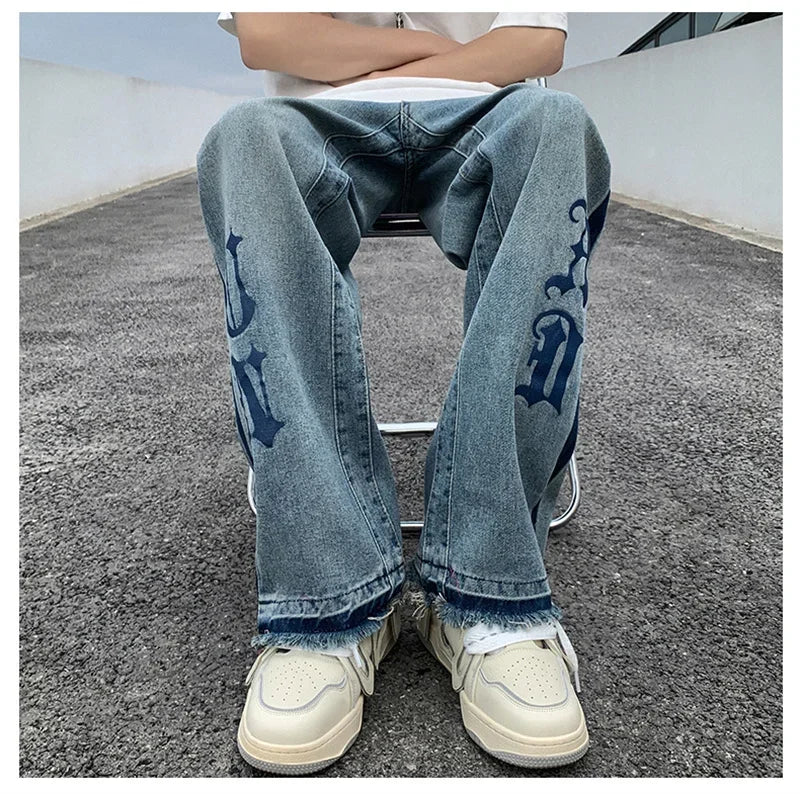 Nuevos pantalones vaqueros holgados azules con estampado de letras góticas Y2K para hombre, ropa de calle Vintage, pantalones vaqueros de pierna recta, pantalones vaqueros holgados de moda Hip Hop