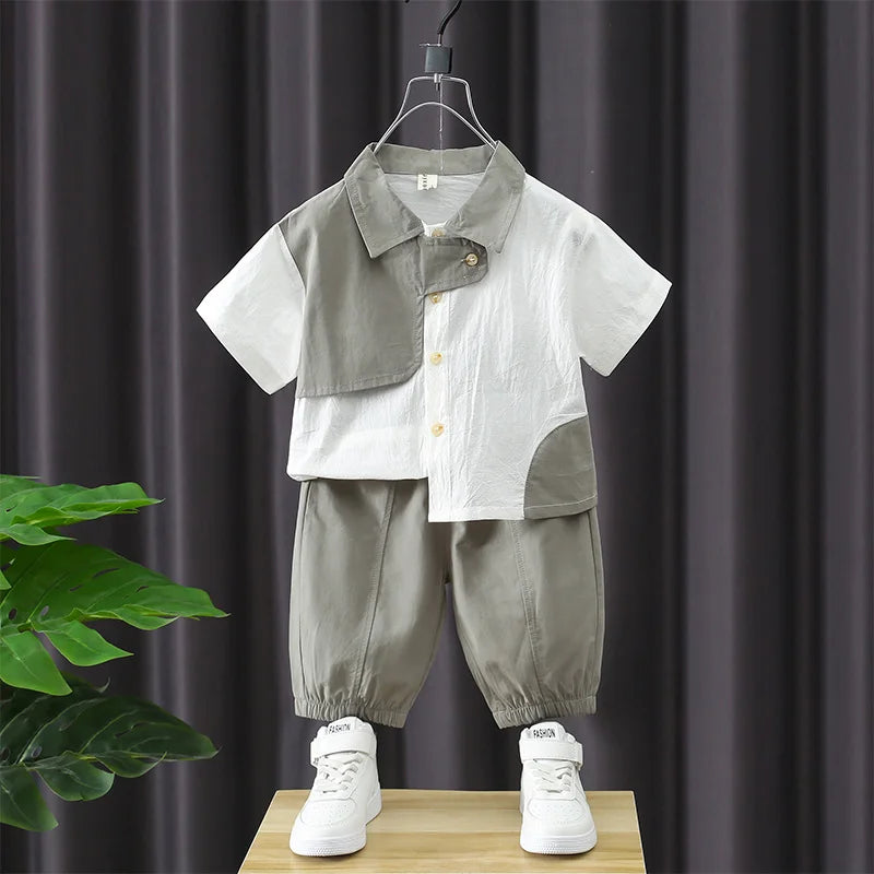 Conjunto de Verano de Algodón para Adolescentes, Niños, 2026, Camisa de Manga Corta Delgada + Pantalones Largos, Conjunto de 2 Piezas para Niños, Elegante, para Fiesta de Cumpleaños
