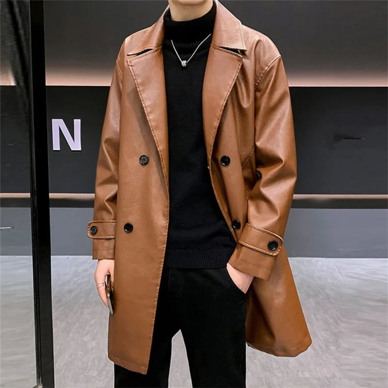 Chaquetas de cuero largas y gruesas para hombre, gabardinas de PU con cuello vuelto sólido, chaqueta de cuero informal de negocios cálida, cortavientos para hombre