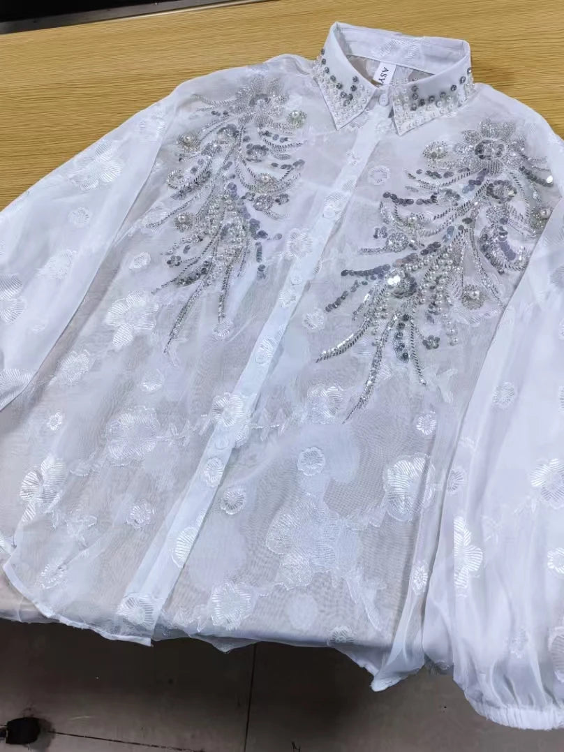 Blusas blancas De gran tamaño con perlas y lentejuelas De diamantes De lujo para Mujer, Tops con mangas acampanadas para primavera y verano 2025, Camisas De Mujer