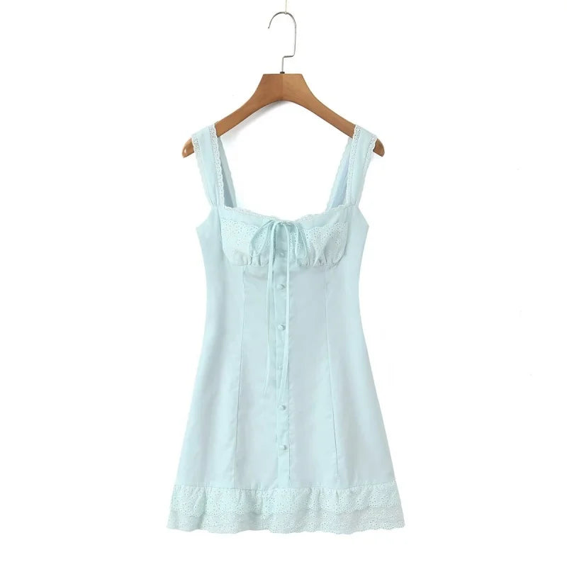 Vestido Corto Elegante de Encaje para Mujer, Escote Cuadrado, Lazo en la Cintura, Corte A, Sin Mangas, Ideal para Verano, Fiestas y Eventos