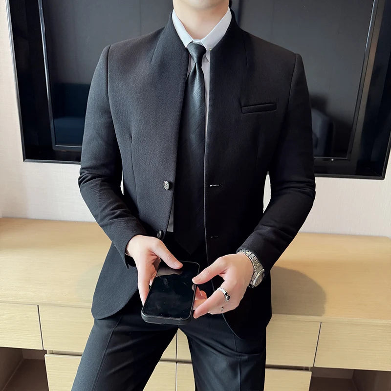 Chaqueta de traje con cuello levantado de alta calidad para hombre, chaquetas de negocios informales, abrigo coreano con gofres para boda, novio, banquete, vestido de fiesta, 2025