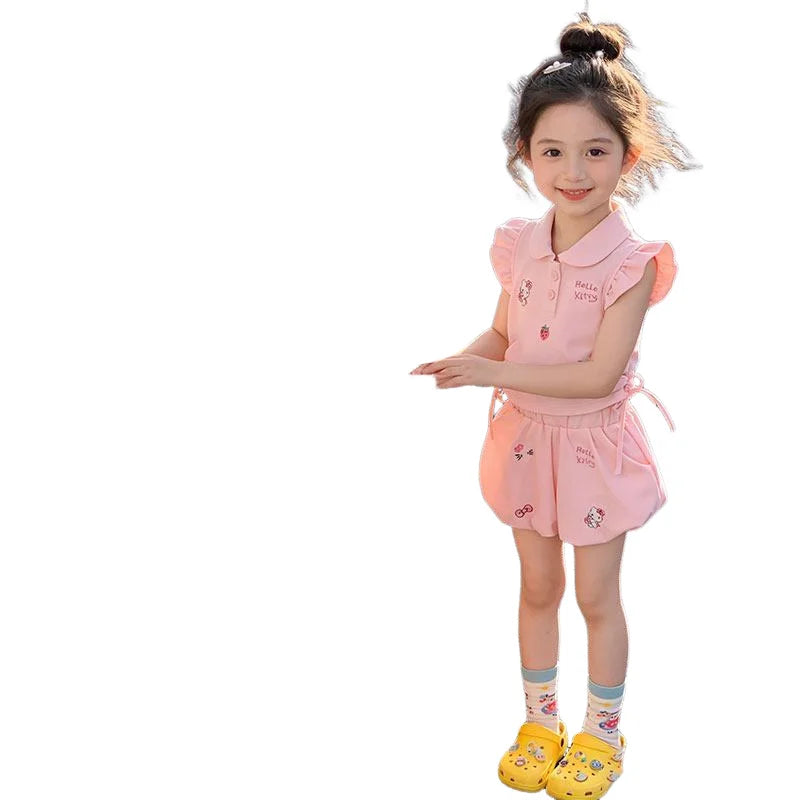 Nuevo Conjunto de Verano para Niña Sanrio, Conjunto Deportivo Delgado de Dos Piezas, Camiseta y Pantalones Cortos con Diseño de Kt, Ropa Casual Transpirable de Algodón