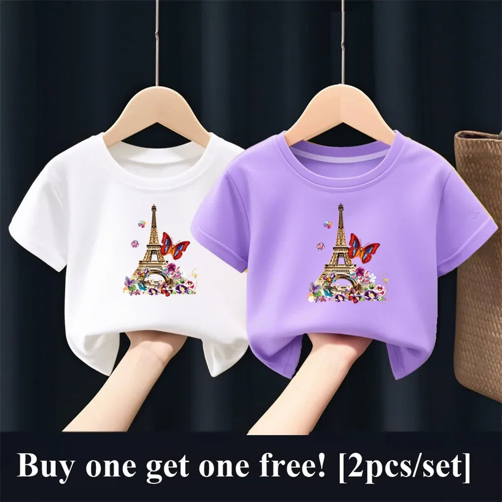 2 unids/pack niñas París Torre Eiffel mariposa estampado gráfico camiseta niños manga corta hermana traje a juego amigo fiesta Tops