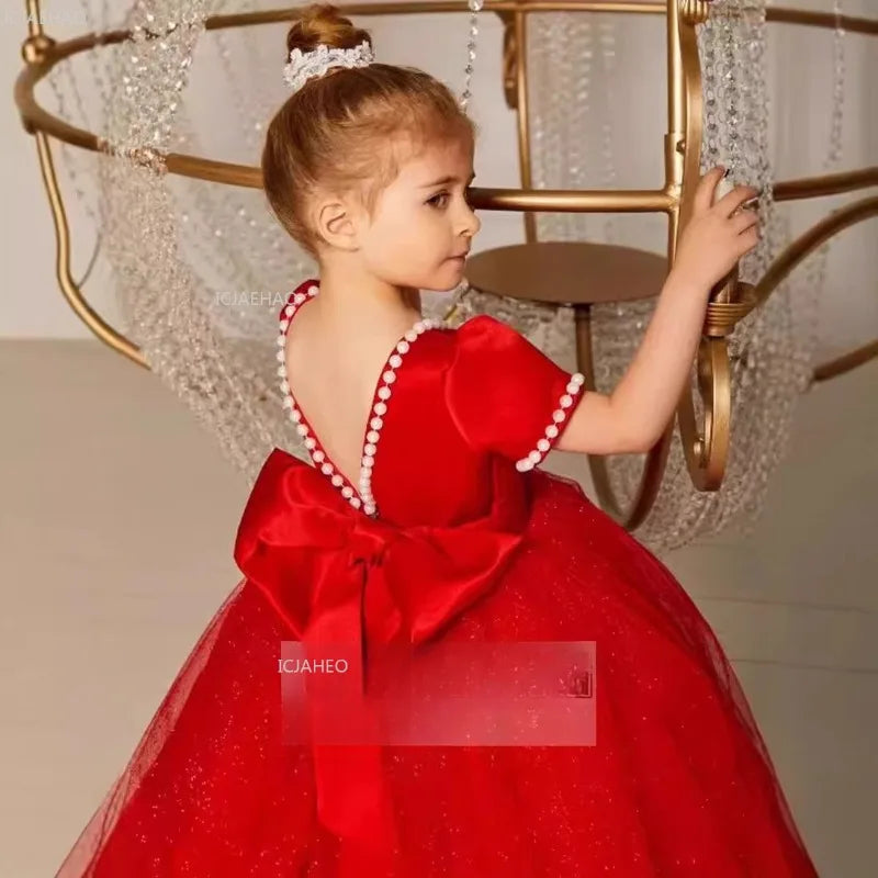 Vestido de fiesta de princesa rojo para niñas, vestido de tul hinchado para cumpleaños, violín, Piano, actuación, desfile de moda, ropa