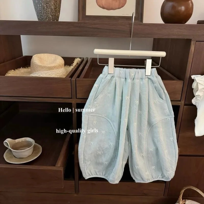 Pantalones informales finos para niñas, novedad de verano, pantalones con cordón de encaje para niños, pantalones de fondo coreanos