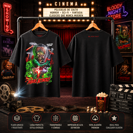 Playera Overside 260gr BLACK OUT Colección Pelicula MARS ATTACKS
