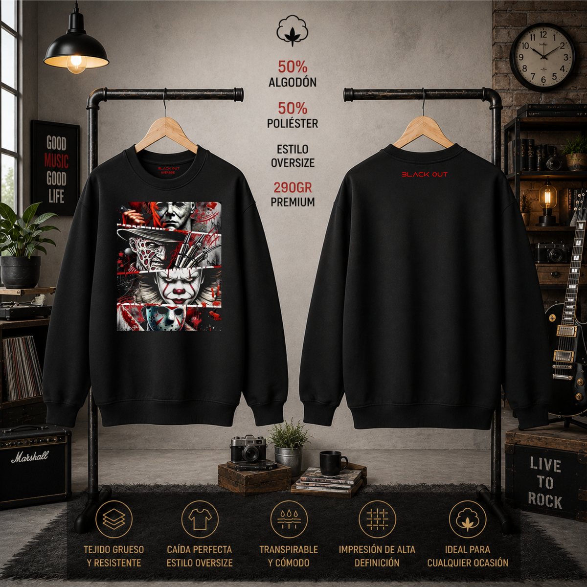 Sudadera BLACK OUT – Horror Icons | Oversize 290 g