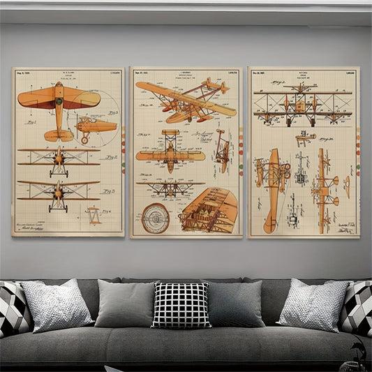 Vintage Airplane Blueprints Canvas Art Prints - Set of 3 Art Deco Style Posters for Home Office, Living Room, Bedroom - Cartoon Aircraft Landscape Theme Wall Decor, Frameless Transverse Orientation, Indoor Fall Season Artwork