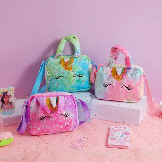 Bolso de moda para cosas de bebé, bolso de hombro de felpa teñido anudado de unicornio, bonito bolso de almacenamiento de hombro, bolso cruzado femenino colorido