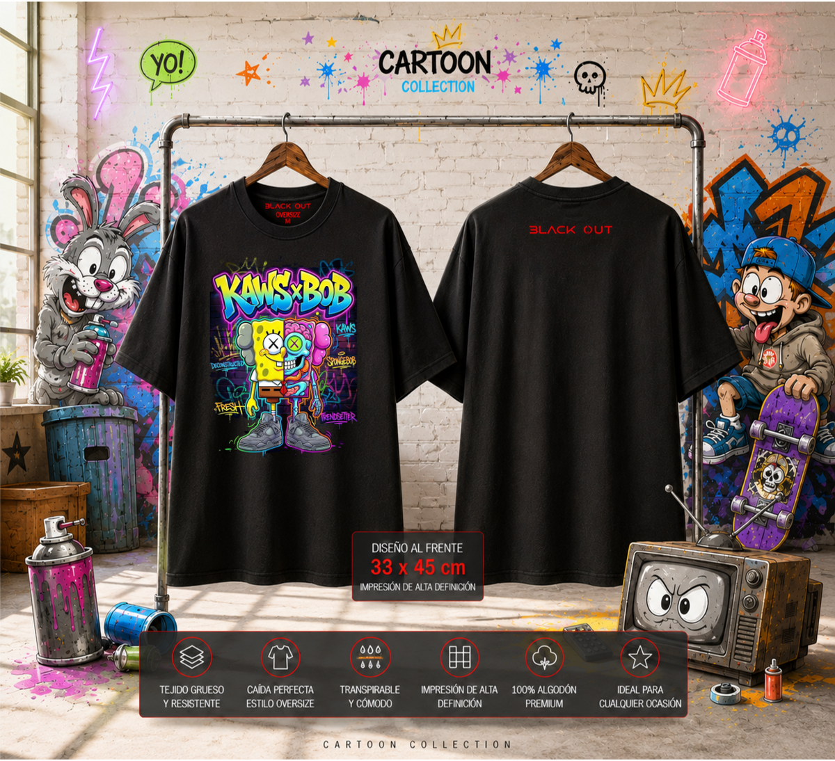 Playera Overside 260gr BLACK OUT Colección Cartoon KAWS x BOB
