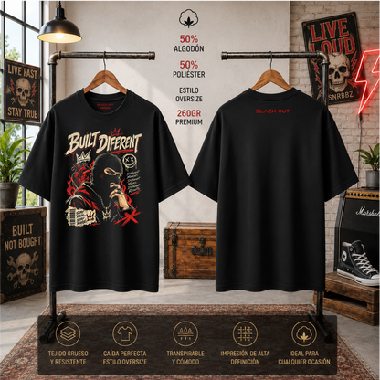 Playera BLACK OUT – Built Different · Oversize 260 g