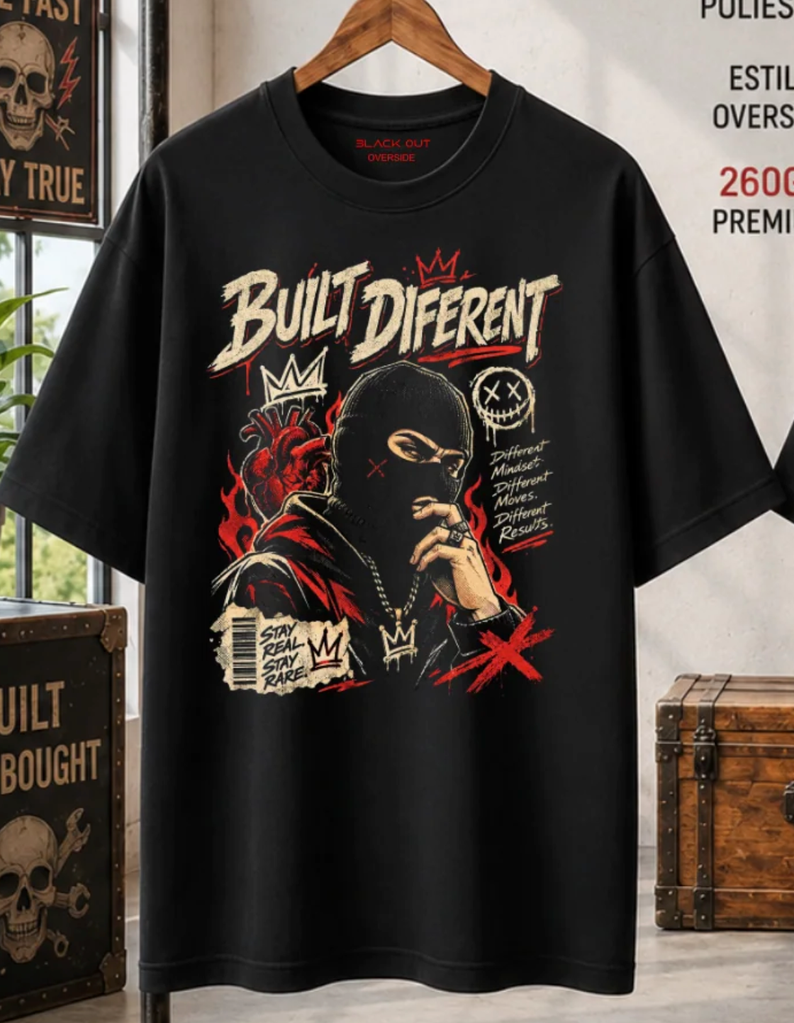 Playera BLACK OUT – Built Different · Oversize 260 g