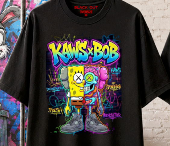 Playera Overside 260gr BLACK OUT Colección Cartoon KAWS x BOB