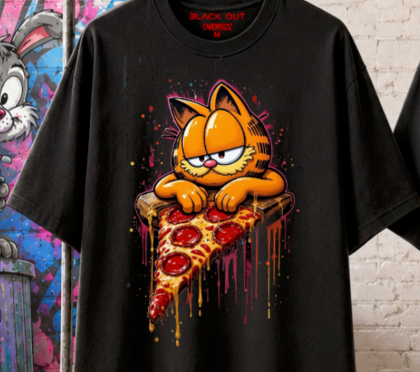 Playera Overside 260gr BLACK OUT Colección Cartoon GARFIELD PIZZA