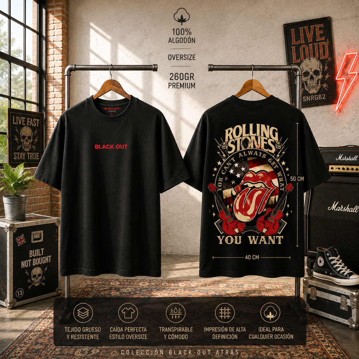 Playera Overside 260gr BLACK OUT Colección Atrás ROLLING STONES