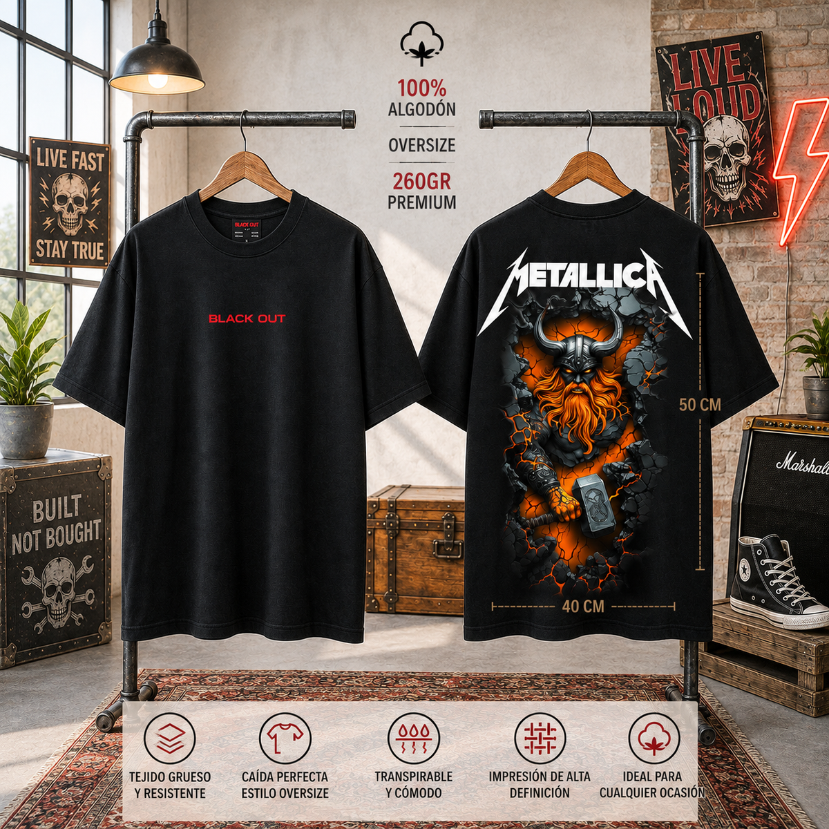 Playera Overside 260gr BLACK OUT Colección Atrás METAL WARRIOR