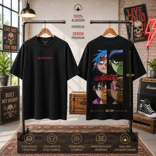Playera Overside 260gr BLACK OUT Colección Atrás GORILLAZ