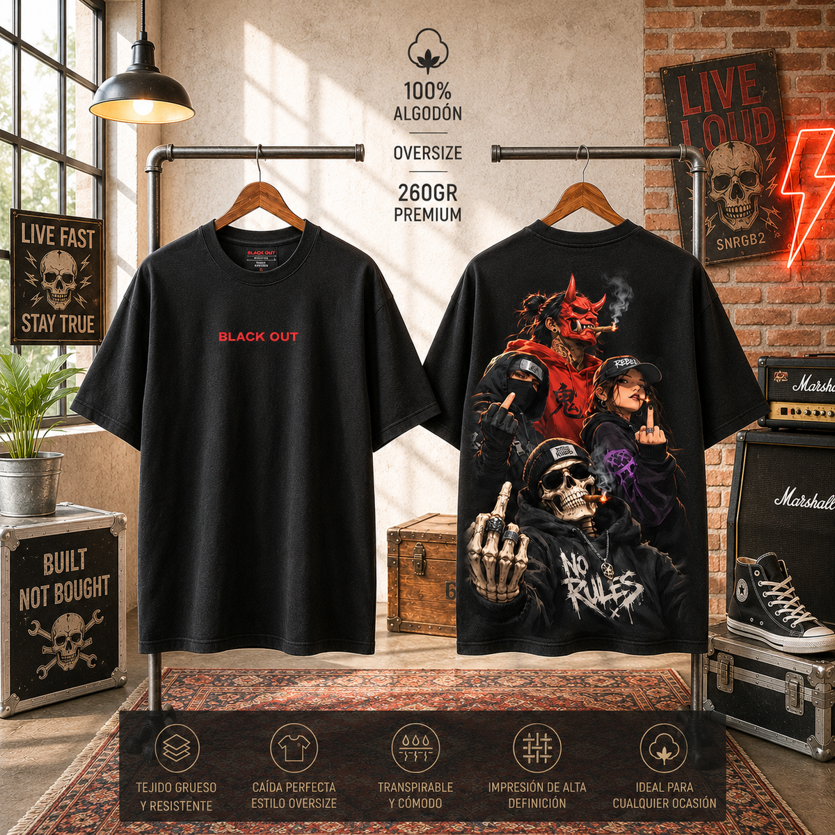 Playera Overside 260gr BLACK OUT Colección Atrás NO RULES