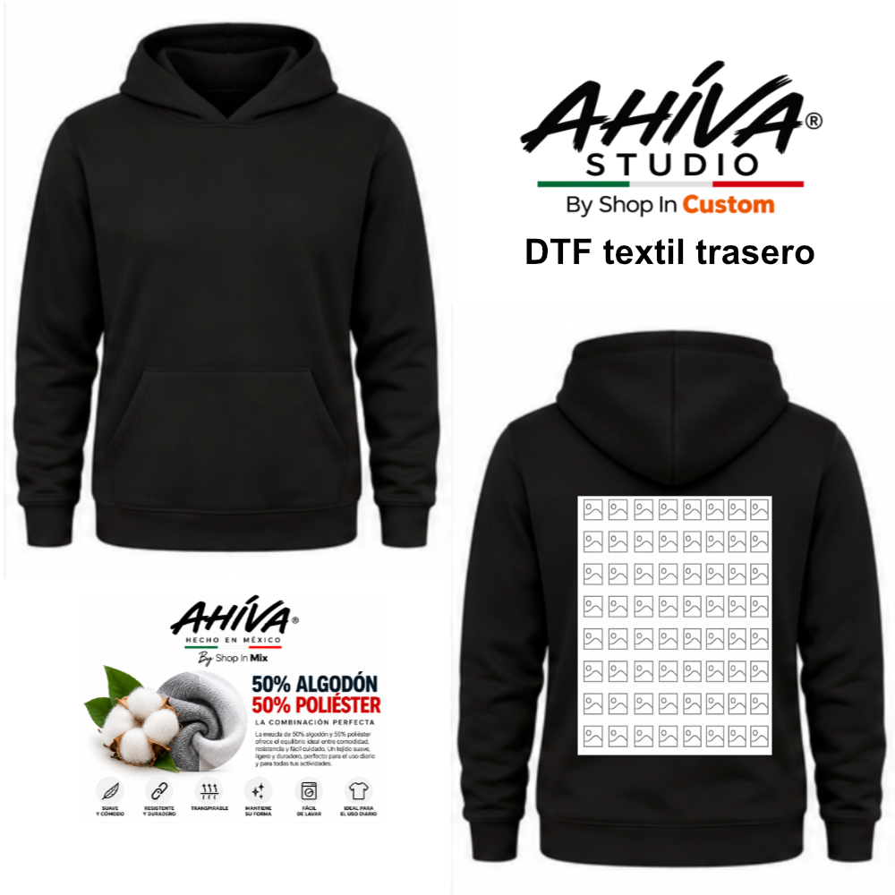 Sudadera AHÍVA Studio Personalizable Trasero · Unisex · 50% Algodón / 50% Poliéster