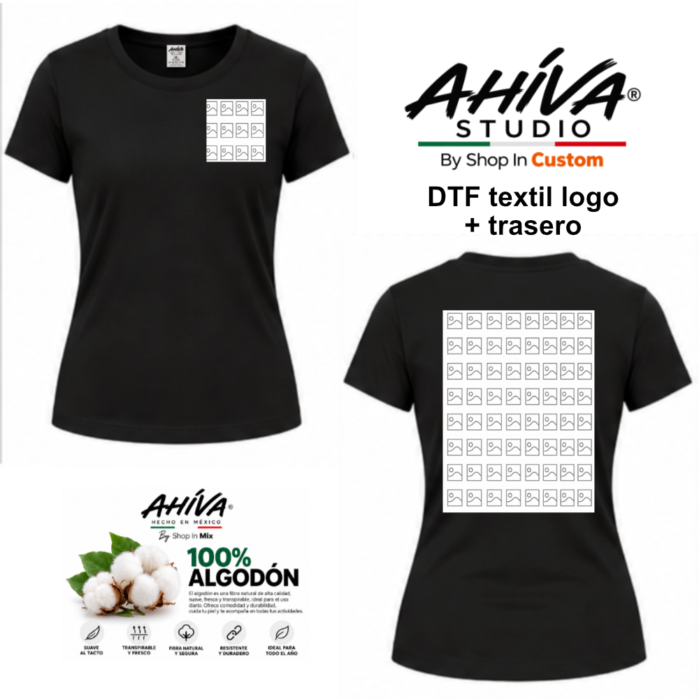 Playera Personalizada Mujer AHÍVA Studio · DTF logo + detraso · 100% Algodón