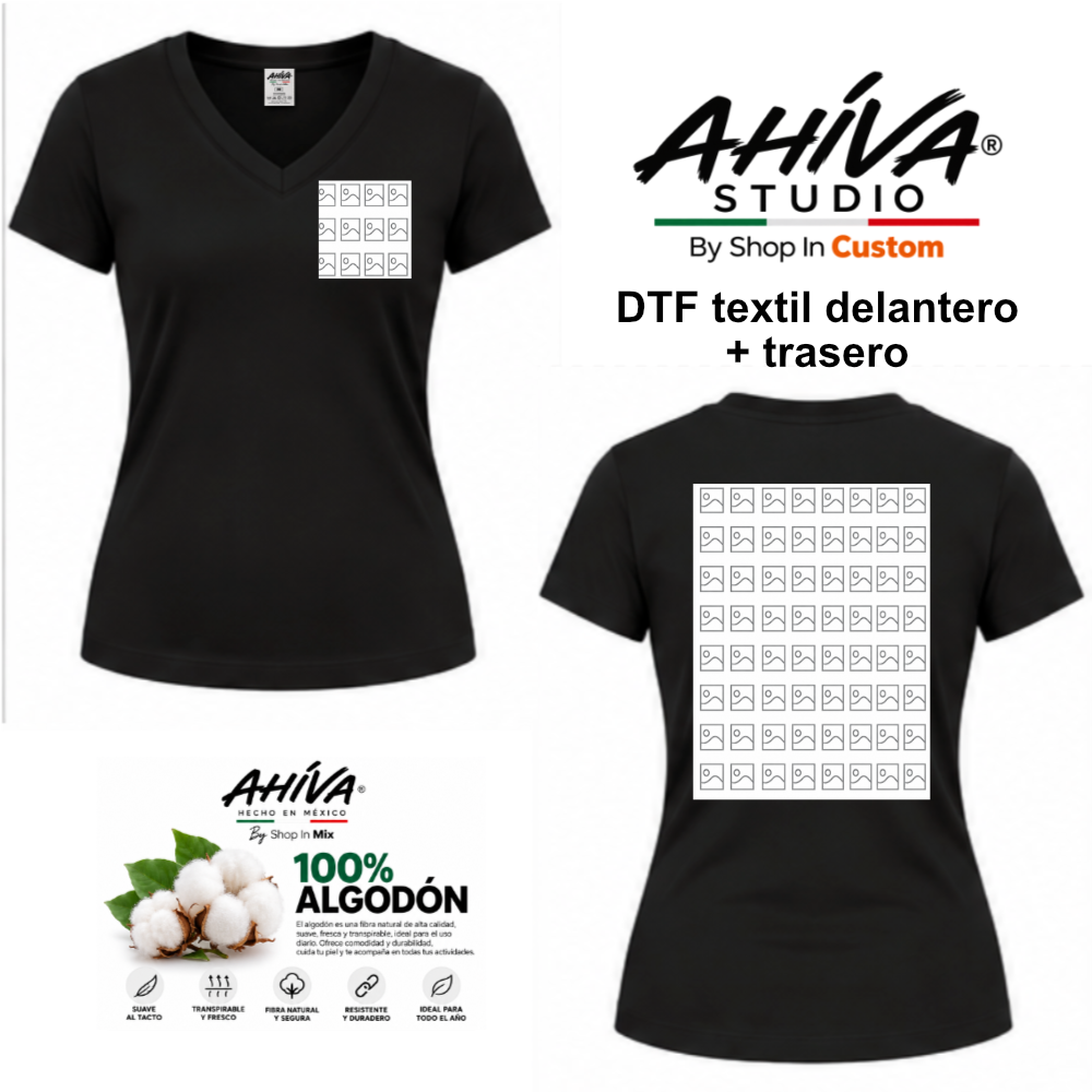 Playera Personalizada Mujer Cuello V AHÍVA Studio · DTF logo + trasero · 100% Algodón (Copie)