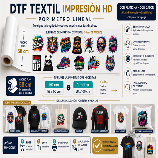 DTF Textil (Ancho 58cm), Impresión lineal personalizada