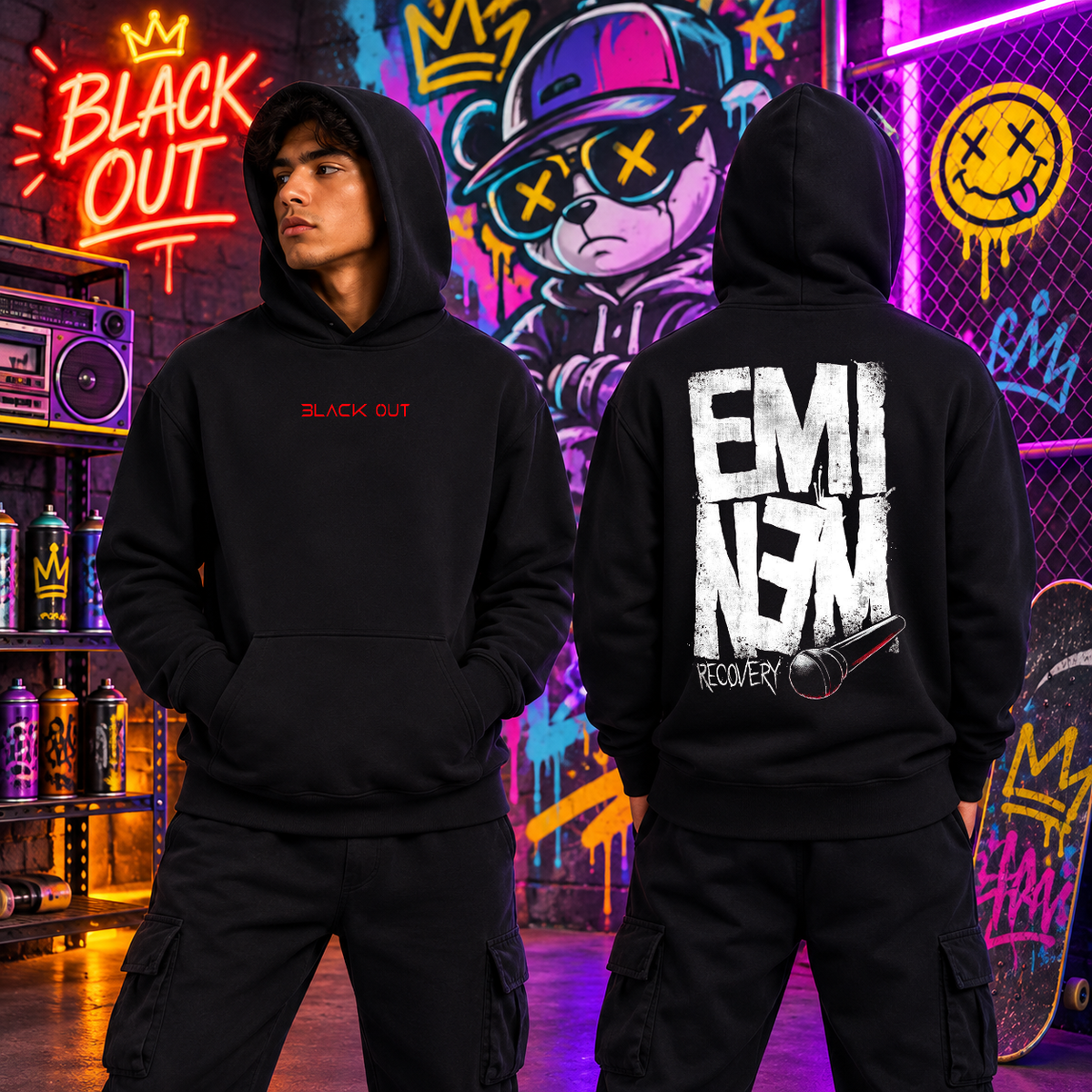 Sudadera BLACK OUT – Eminem Recovery · Felpa Nacional Peinada 290 g